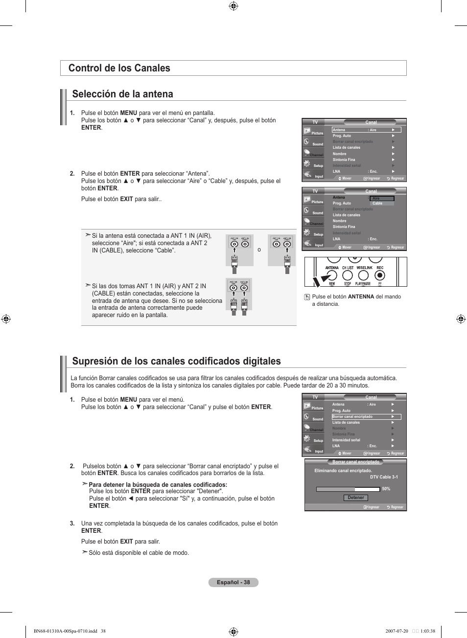Control de los canales selección de la antena, Supresión de los canales codificados digitales | Samsung LNT4671FX-XAA User Manual | Page 224 / 277