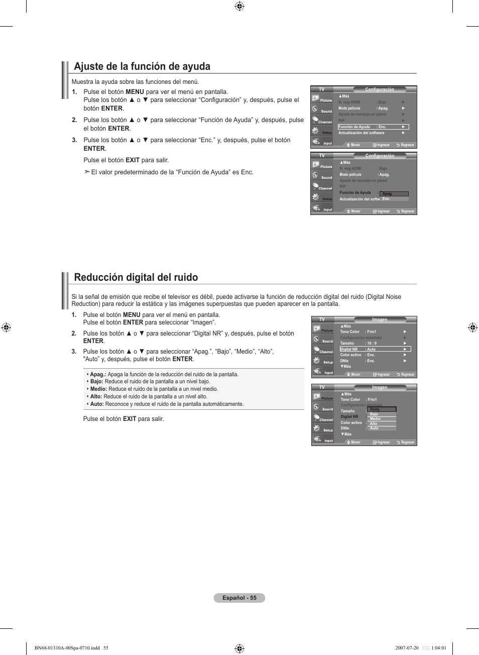 Ajuste de la función de ayuda, Reducción digital del ruido, Muestra la ayuda sobre las funciones del menú | Pulse el botón exit para salir | Samsung LNT4671FX-XAA User Manual | Page 241 / 277