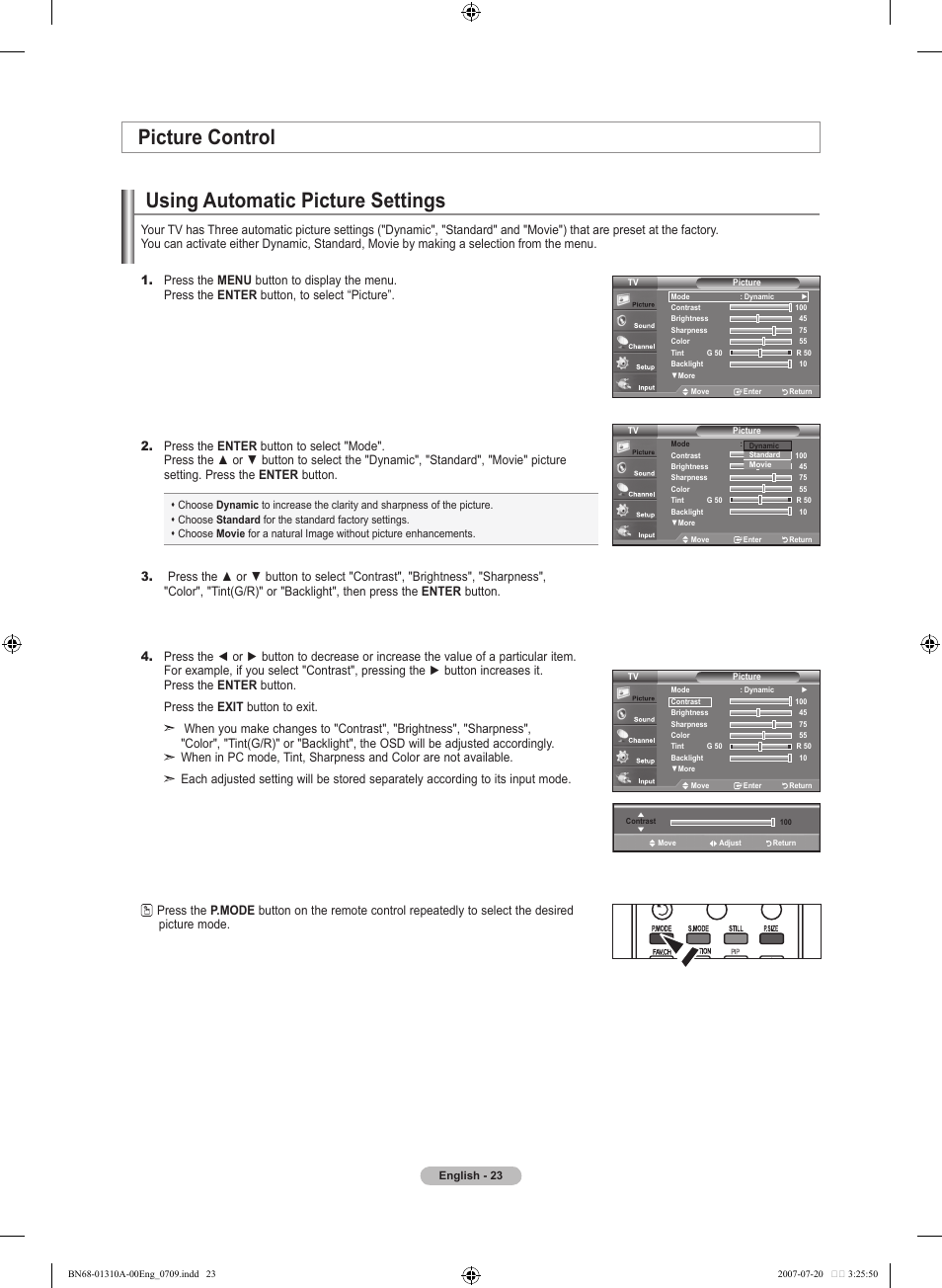 Picture control, Using automatic picture settings | Samsung LNT4671FX-XAA User Manual | Page 25 / 277