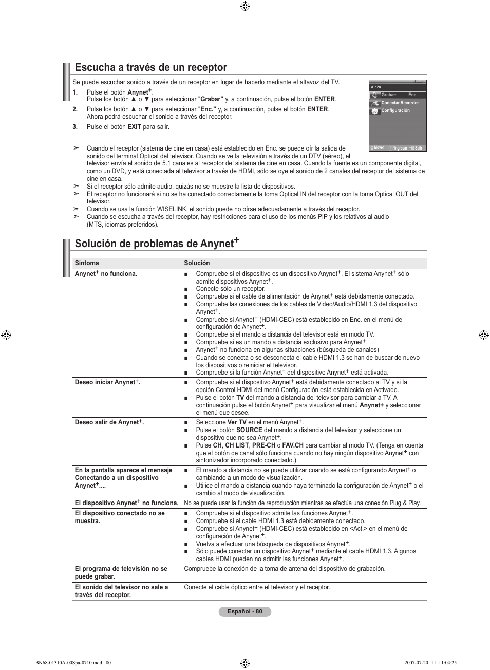 Escucha a través de un receptor, Solución de problemas de anynet | Samsung LNT4671FX-XAA User Manual | Page 266 / 277