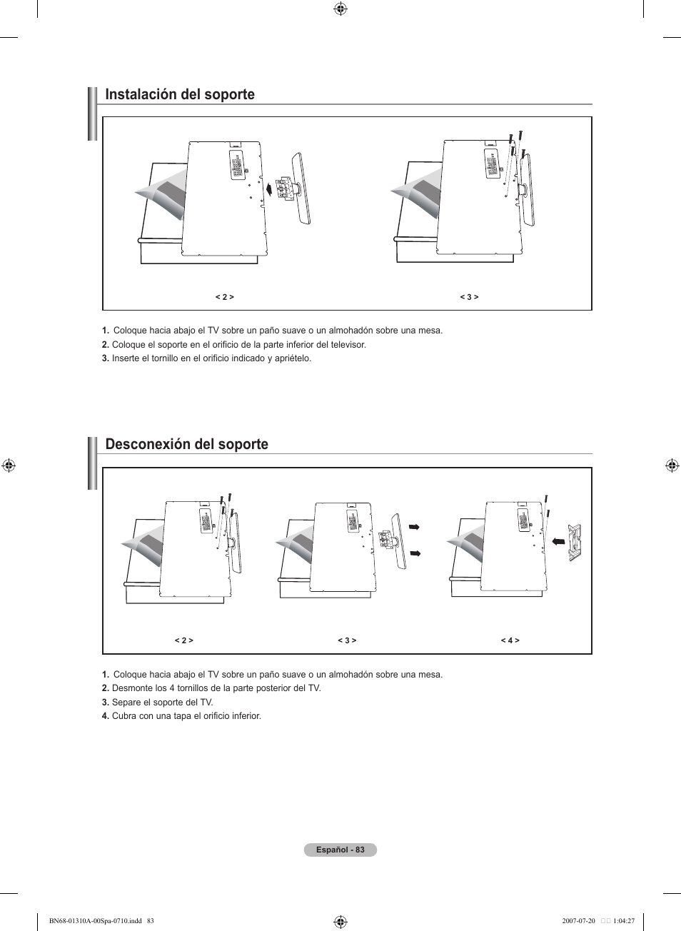 Instalación del soporte, Desconexión del soporte | Samsung LNT4671FX-XAA User Manual | Page 269 / 277
