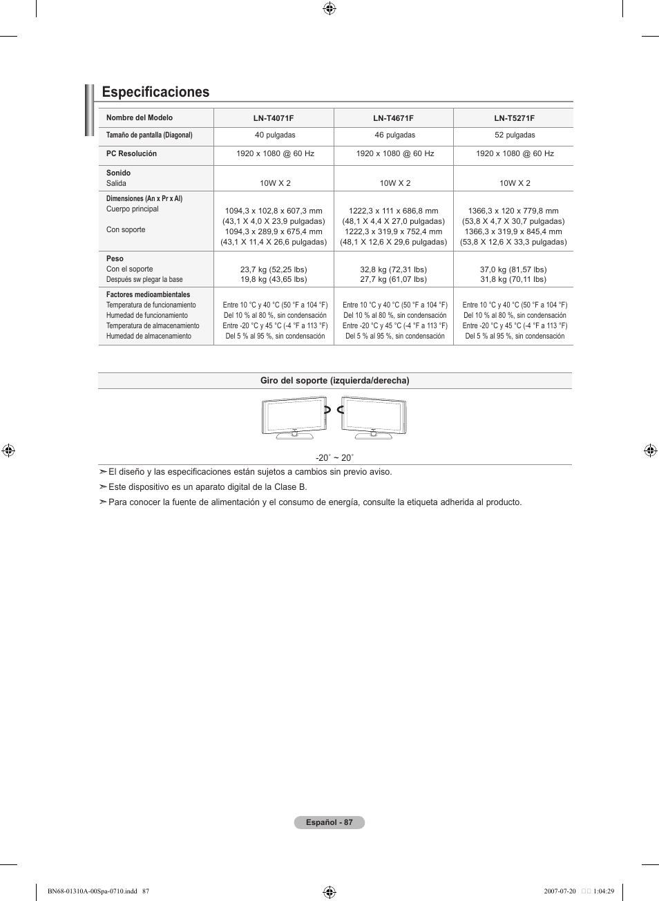 Especificaciones | Samsung LNT4671FX-XAA User Manual | Page 273 / 277