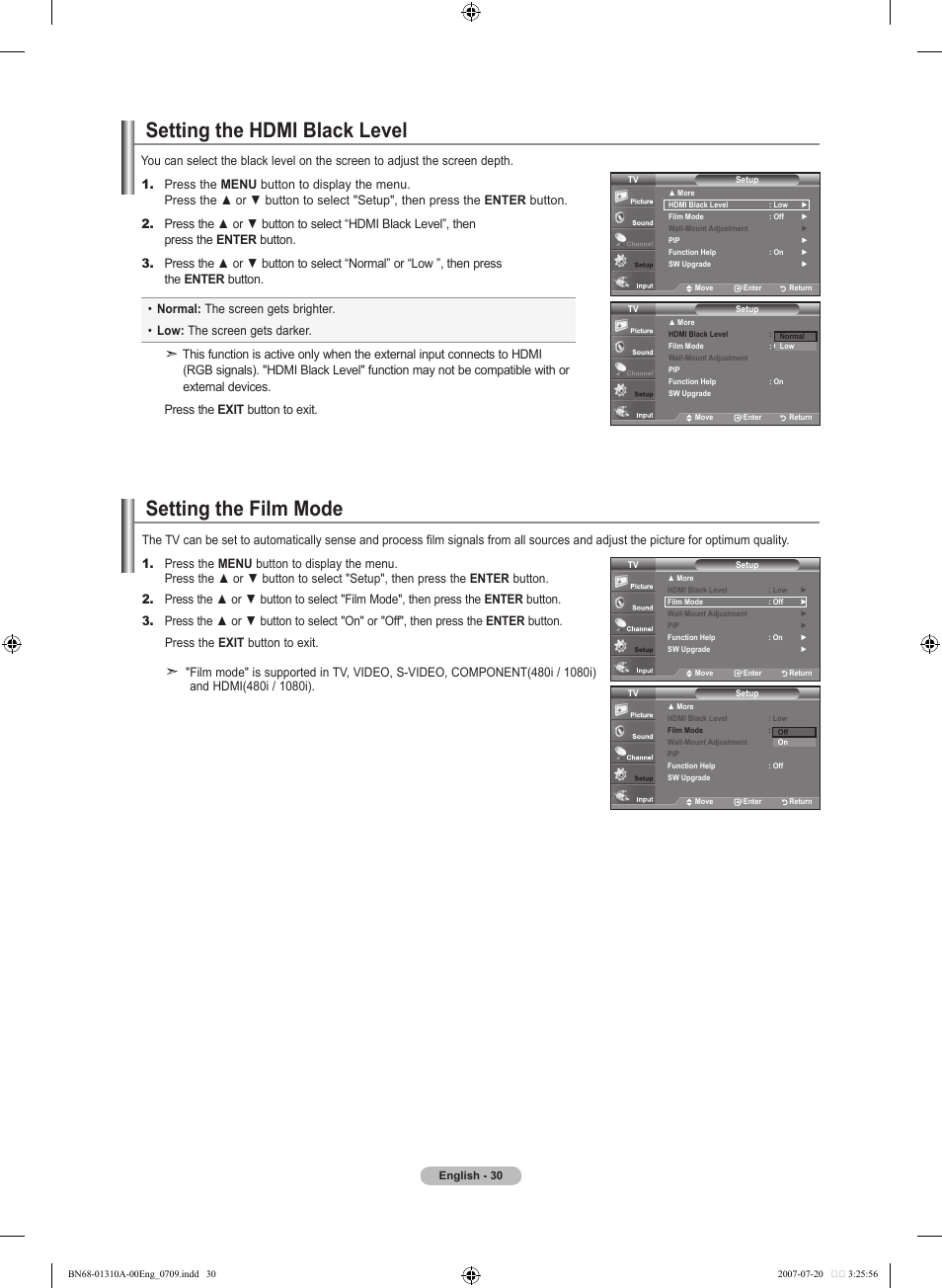 Setting the hdmi black level, Setting the film mode | Samsung LNT4671FX-XAA User Manual | Page 32 / 277