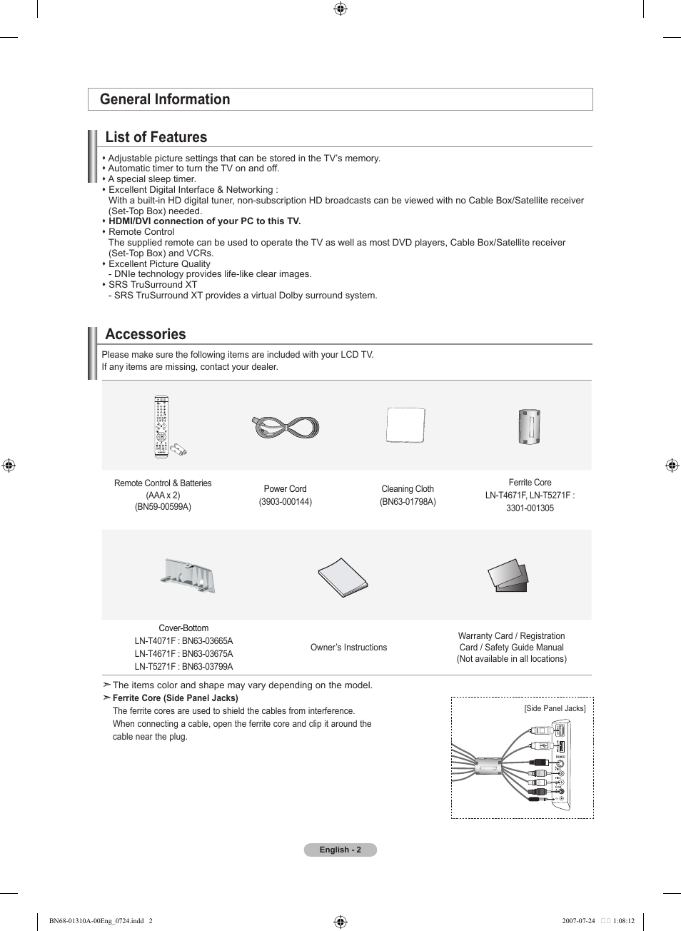 General information, List of features, Accessories | General information list of features | Samsung LNT4671FX-XAA User Manual | Page 4 / 277