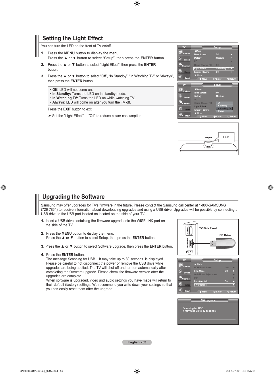 Setting the light effect, Upgrading the software | Samsung LNT4671FX-XAA User Manual | Page 65 / 277