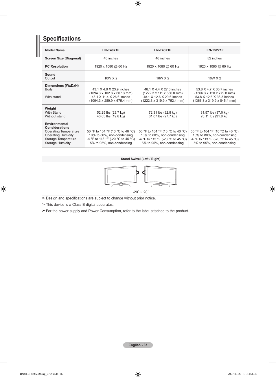 Specifications | Samsung LNT4671FX-XAA User Manual | Page 89 / 277