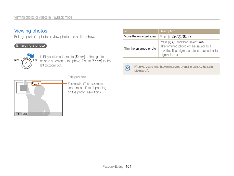 Viewing photos, Viewing photos ………………………… 104 | Samsung EC-WB850FBPBUS User Manual | Page 105 / 188