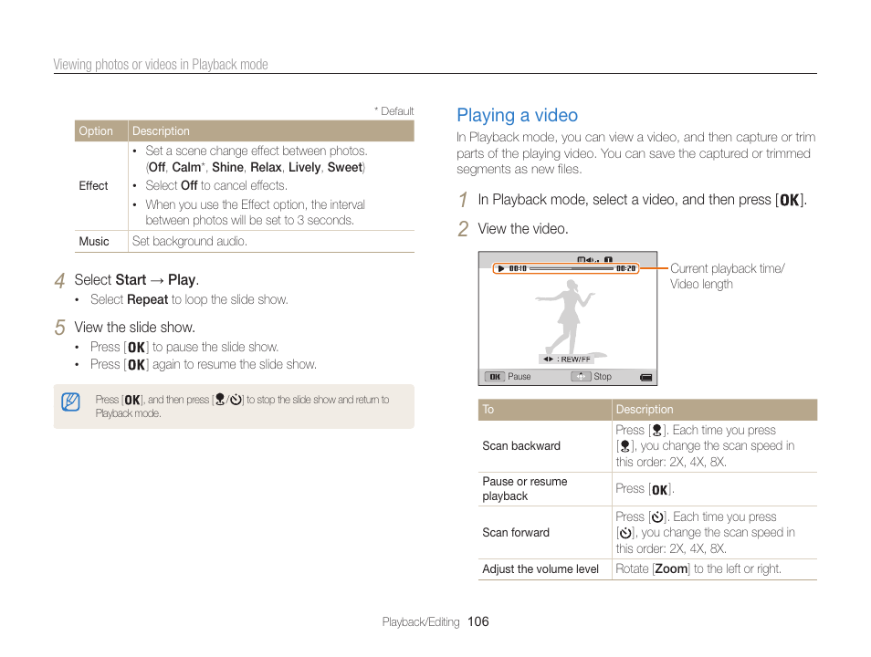 Playing a video, Playing a video ………………………… 106 | Samsung EC-WB850FBPBUS User Manual | Page 107 / 188