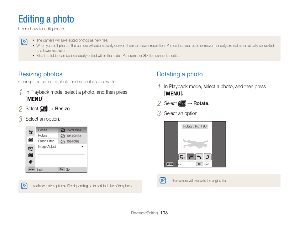 Editing a photo, Resizing photos, Rotating a photo | Samsung EC-WB850FBPBUS User Manual | Page 109 / 188