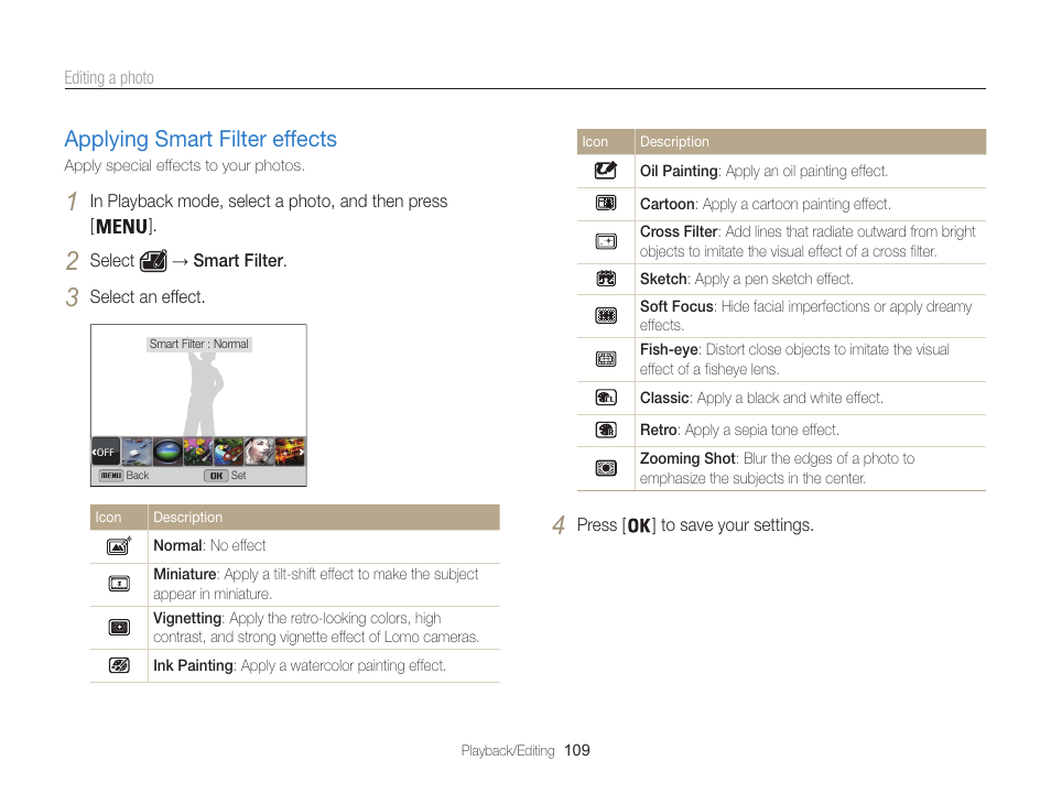 Applying smart filter effects, Applying smart filter effects …………… 109 | Samsung EC-WB850FBPBUS User Manual | Page 110 / 188