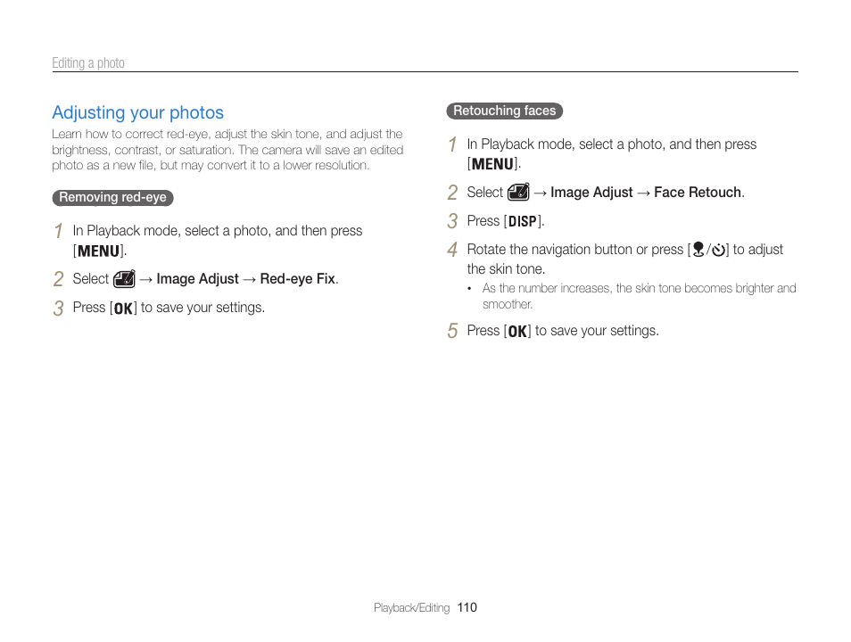 Adjusting your photos, In the edit menu. (p. 110), Adjusting your photos ………………… 110 | Samsung EC-WB850FBPBUS User Manual | Page 111 / 188