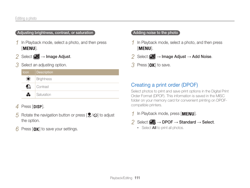 Creating a print order (dpof), Creating a print order (dpof) ………… 111 | Samsung EC-WB850FBPBUS User Manual | Page 112 / 188