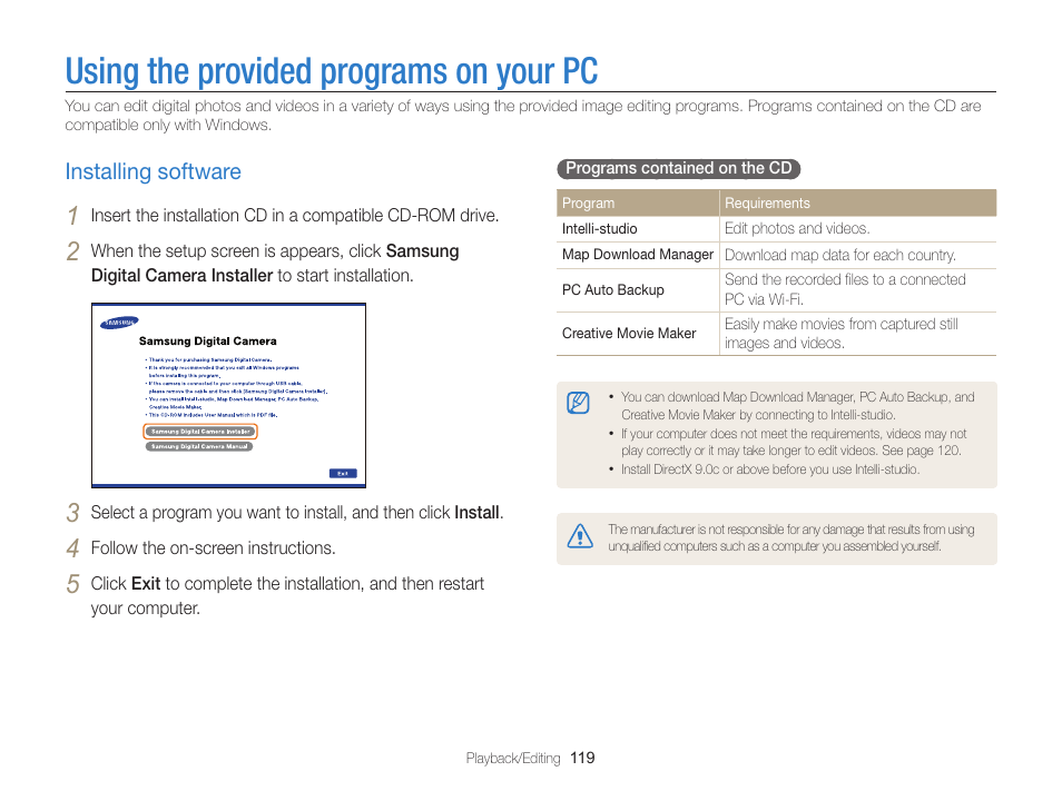 Using the provided programs on your pc, Installing software, Installing software ……………………… 119 | Samsung EC-WB850FBPBUS User Manual | Page 120 / 188