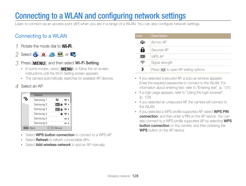 Connecting to a wlan, Connecting to a wlan and configuring network, Settings | Connecting to a wlan ………………… 128 | Samsung EC-WB850FBPBUS User Manual | Page 129 / 188