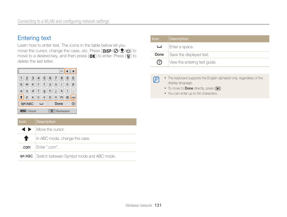 Entering text, Entering text …………………………… 131 | Samsung EC-WB850FBPBUS User Manual | Page 132 / 188