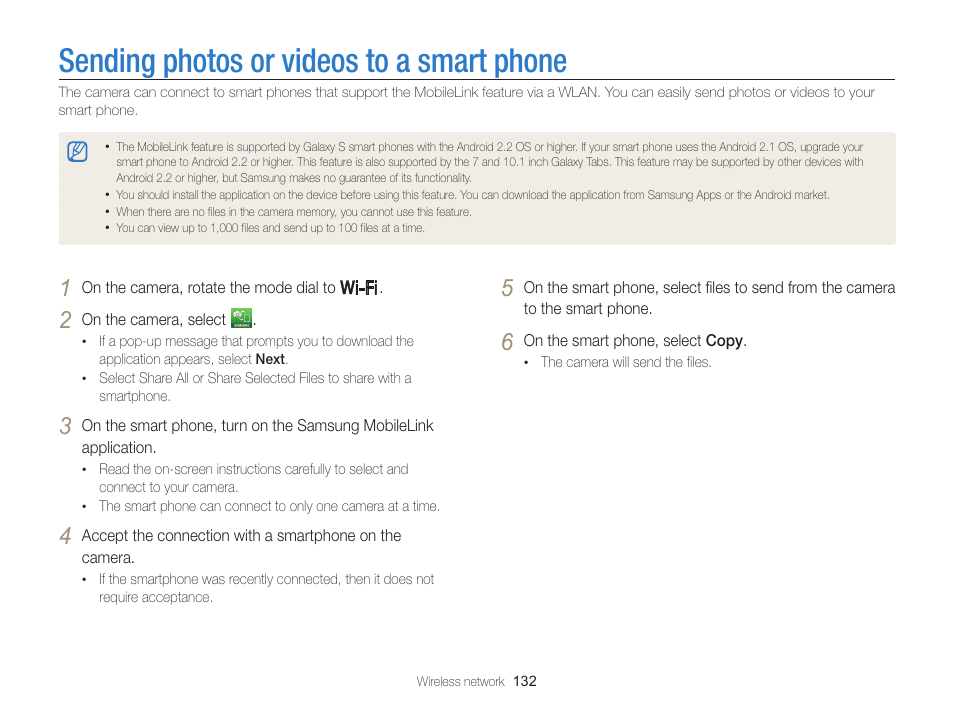 Sending photos or videos to a smart phone | Samsung EC-WB850FBPBUS User Manual | Page 133 / 188