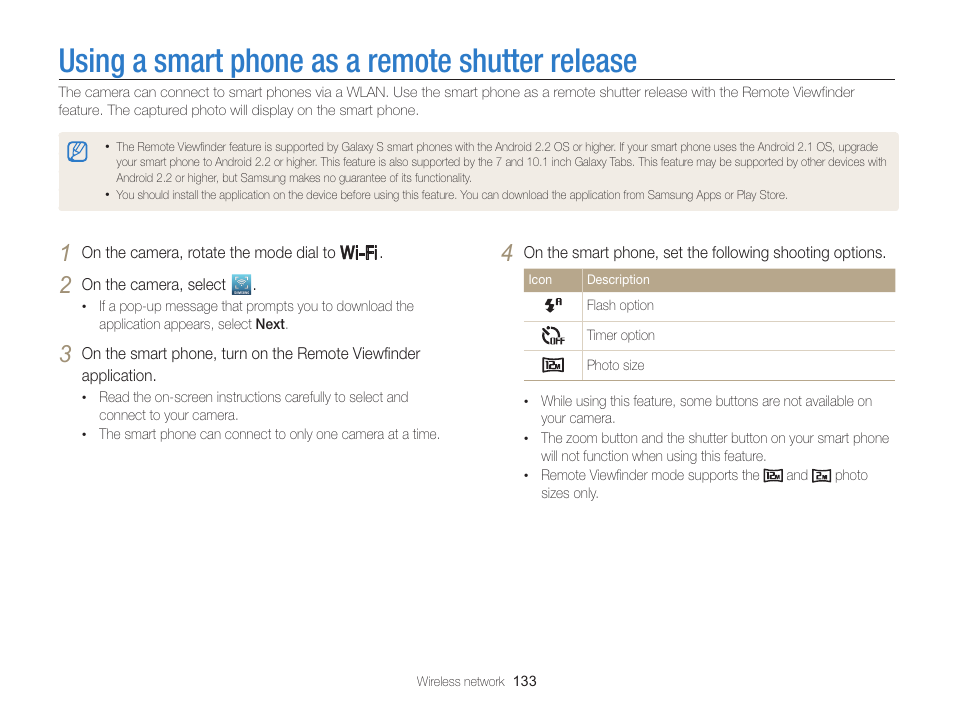 Using a smart phone as a remote shutter release | Samsung EC-WB850FBPBUS User Manual | Page 134 / 188