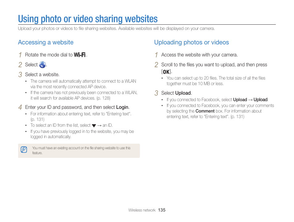 Using photo or video sharing websites, Accessing a website, Uploading photos or videos | Samsung EC-WB850FBPBUS User Manual | Page 136 / 188