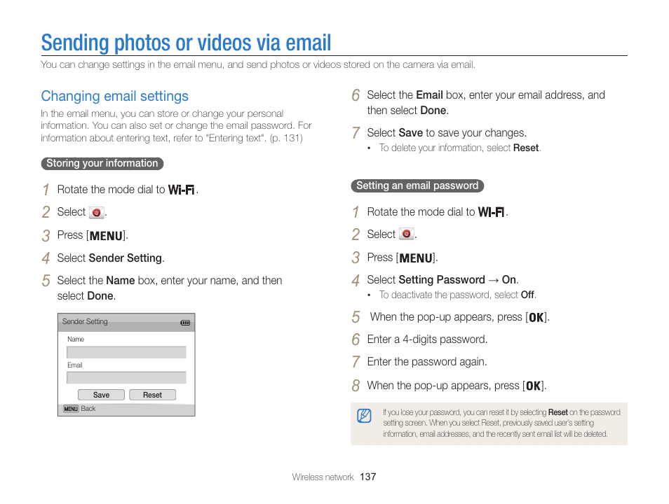 Sending photos or videos via email, Changing email settings, Changing email settings ……………… 137 | Samsung EC-WB850FBPBUS User Manual | Page 138 / 188