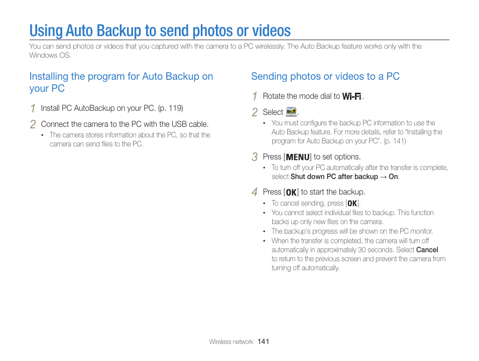Using auto backup to send photos or videos, Installing the program for auto backup on your pc, Sending photos or videos to a pc | Samsung EC-WB850FBPBUS User Manual | Page 142 / 188