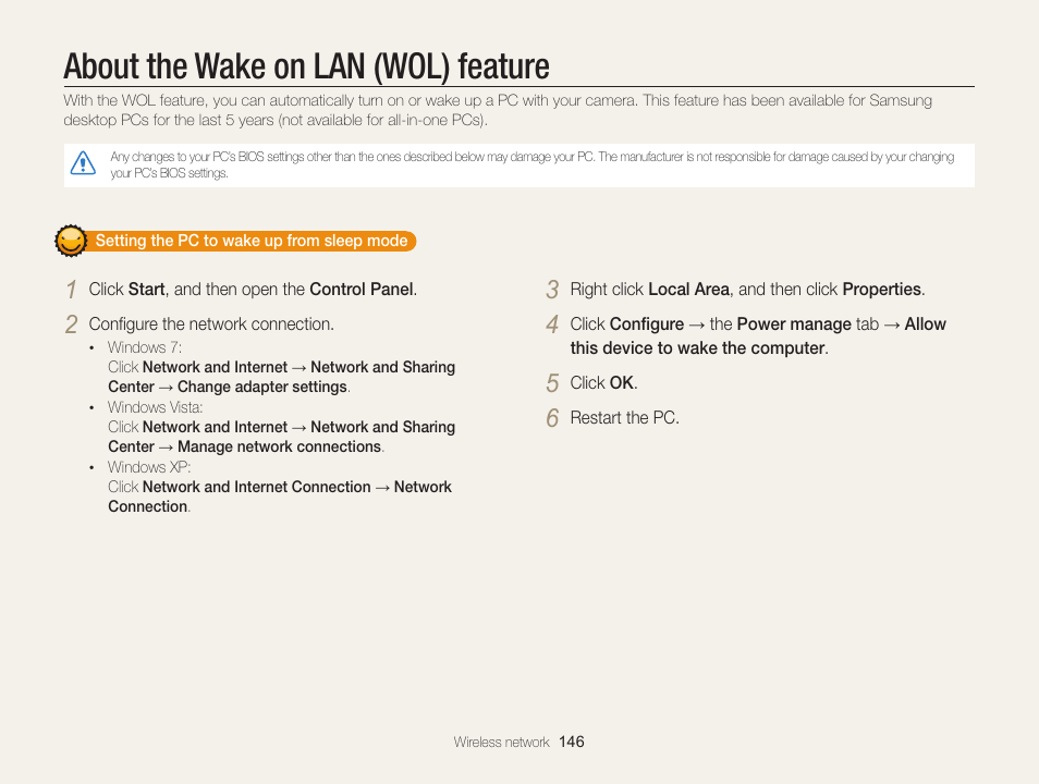 About the wake on lan (wol) feature | Samsung EC-WB850FBPBUS User Manual | Page 147 / 188