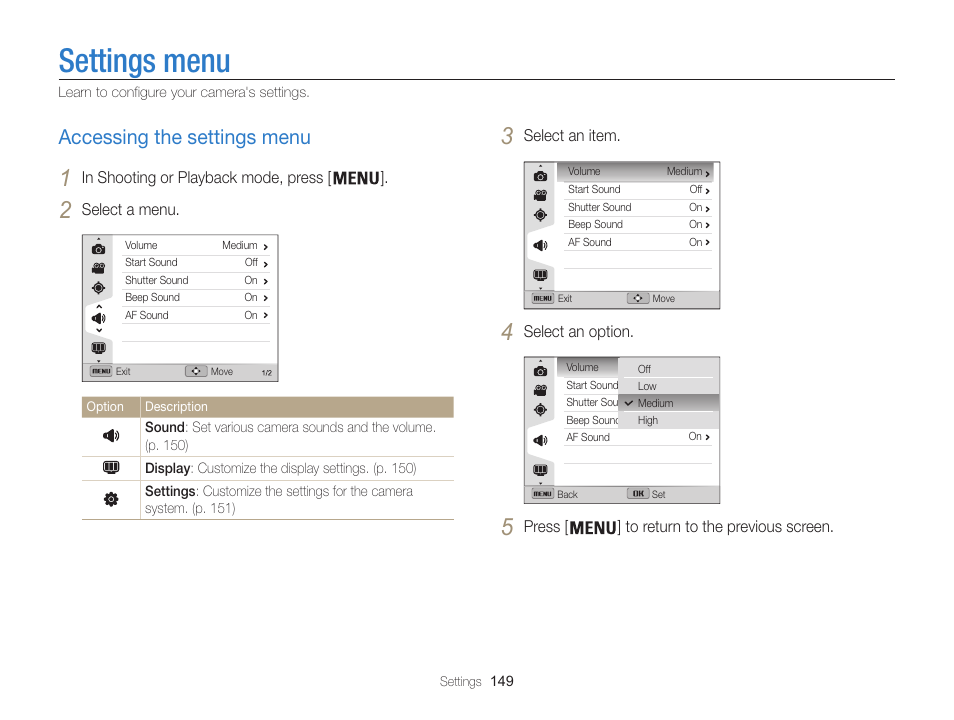 Settings menu, Accessing the settings menu, Accessing the settings menu ……………………… 149 | Samsung EC-WB850FBPBUS User Manual | Page 150 / 188