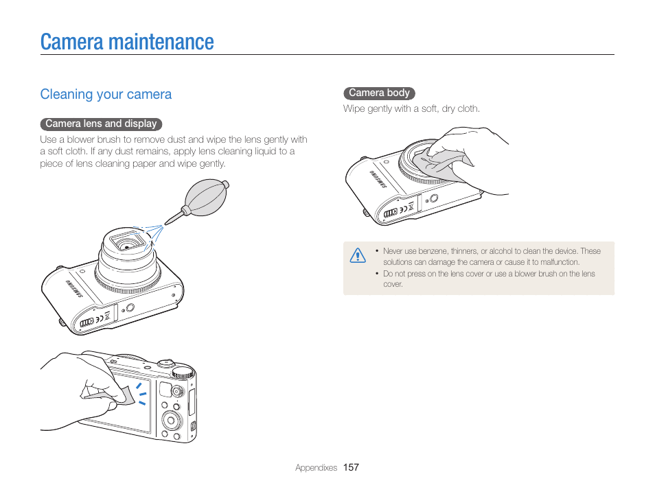 Camera maintenance, Cleaning your camera, Cleaning your camera ……………………………… 157 | Samsung EC-WB850FBPBUS User Manual | Page 158 / 188