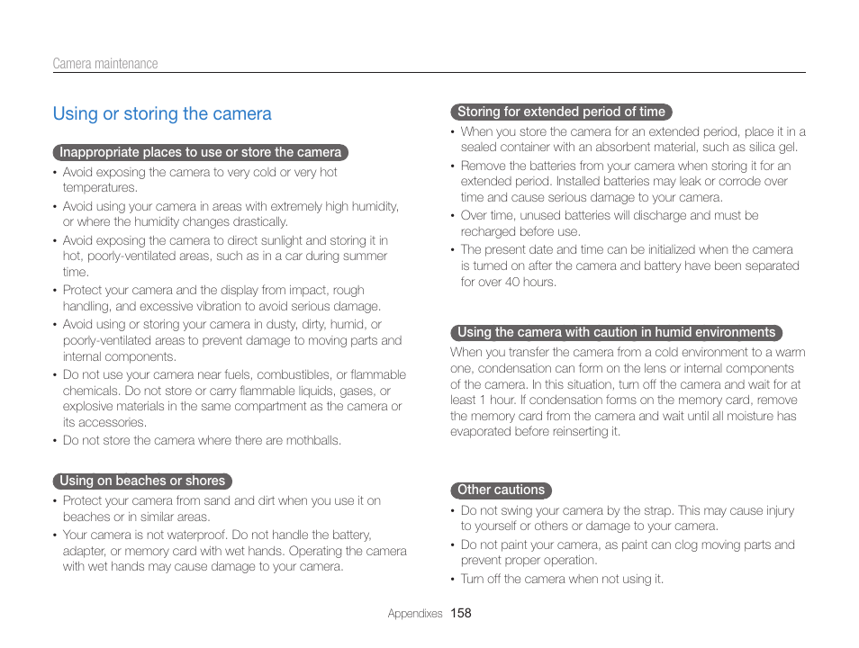 Using or storing the camera, Using or storing the camera ………………………… 158 | Samsung EC-WB850FBPBUS User Manual | Page 159 / 188