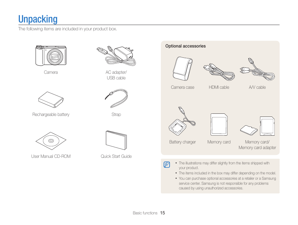 Unpacking | Samsung EC-WB850FBPBUS User Manual | Page 16 / 188