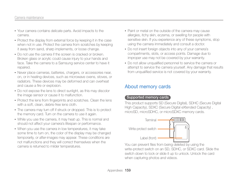About memory cards, About memory cards ……………………………… 159 | Samsung EC-WB850FBPBUS User Manual | Page 160 / 188