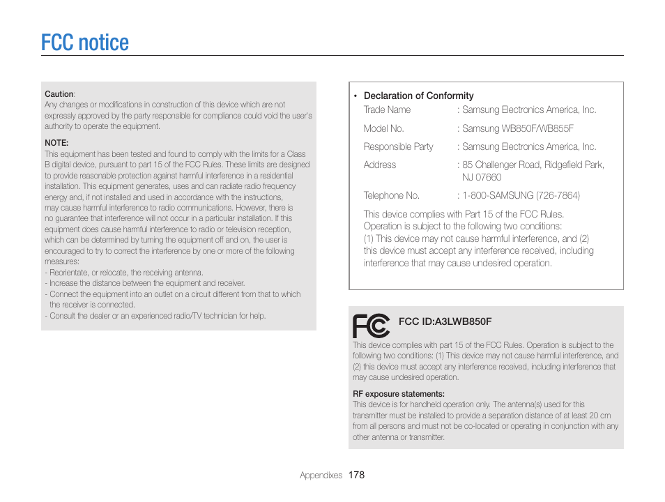 Fcc notice | Samsung EC-WB850FBPBUS User Manual | Page 179 / 188