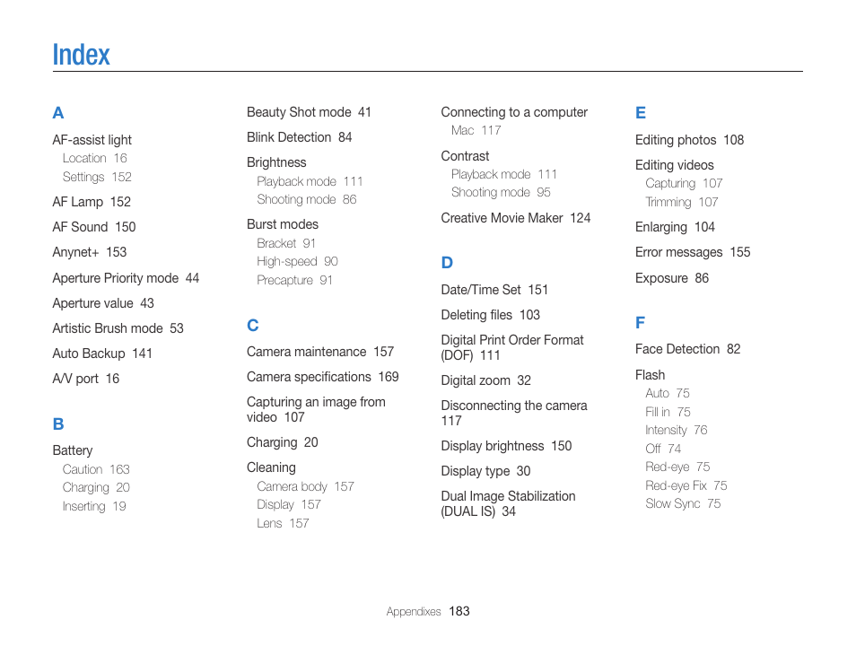 Index | Samsung EC-WB850FBPBUS User Manual | Page 184 / 188