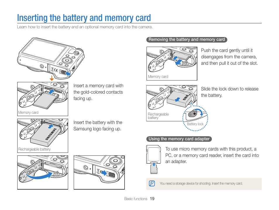 Inserting the battery and memory card | Samsung EC-WB850FBPBUS User Manual | Page 20 / 188