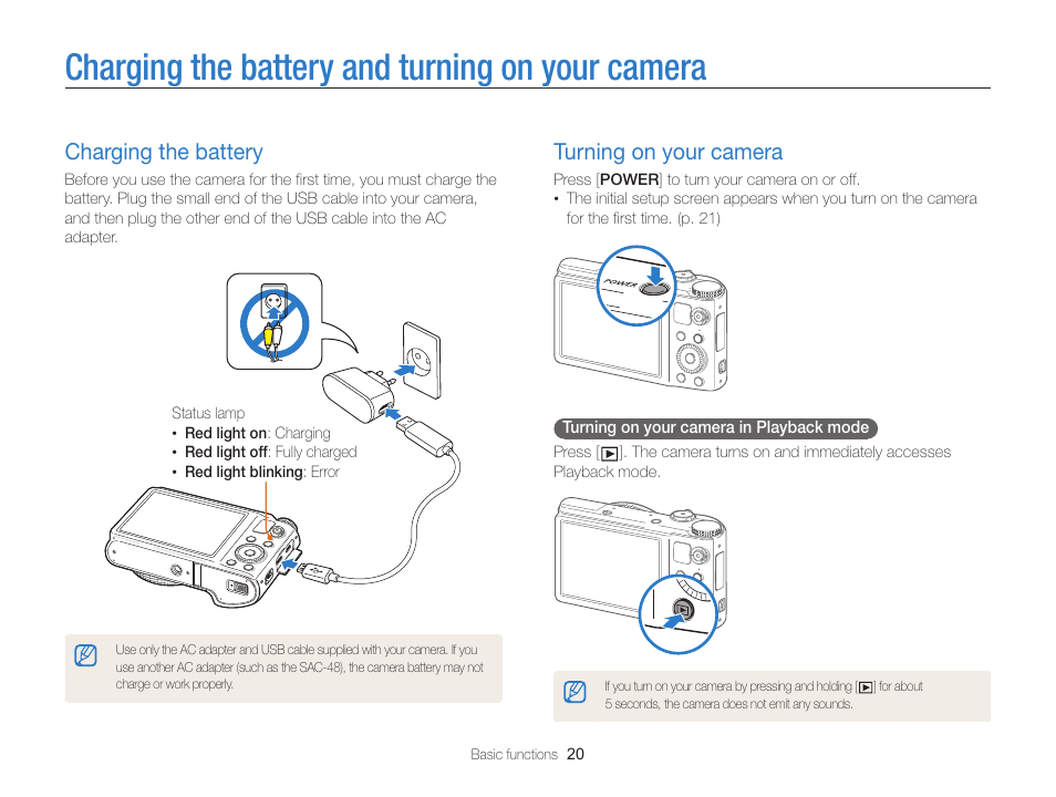 Charging the battery and turning on your camera, Charging the battery, Turning on your camera | Samsung EC-WB850FBPBUS User Manual | Page 21 / 188