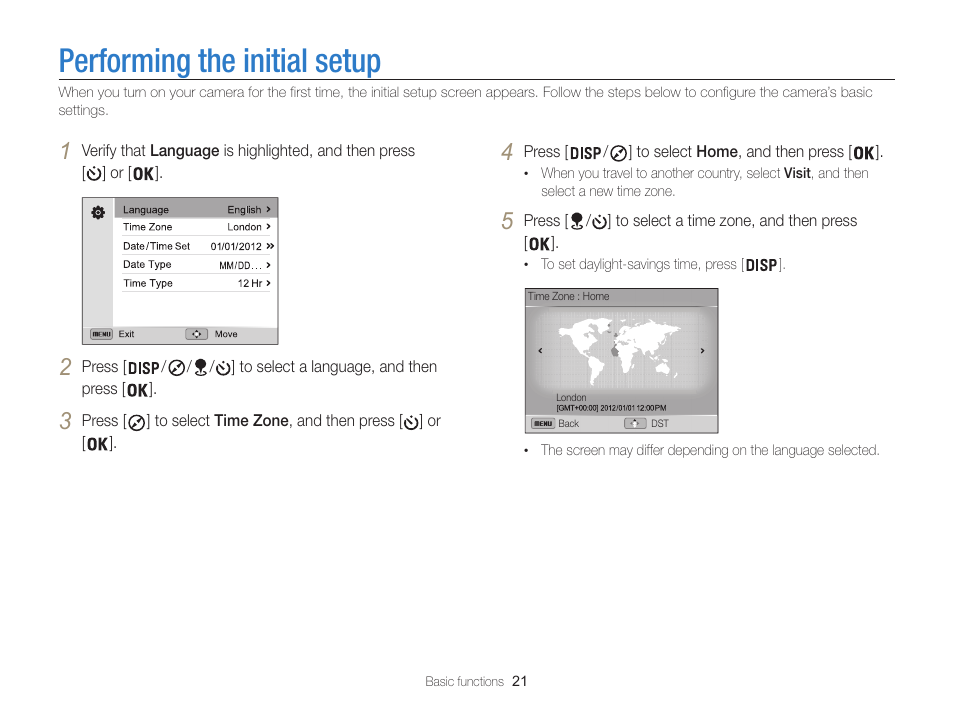 Performing the initial setup | Samsung EC-WB850FBPBUS User Manual | Page 22 / 188
