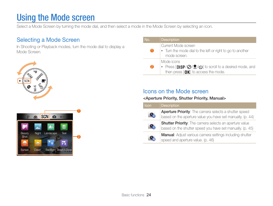 Using the mode screen, Selecting a mode screen, Icons on the mode screen | Samsung EC-WB850FBPBUS User Manual | Page 25 / 188