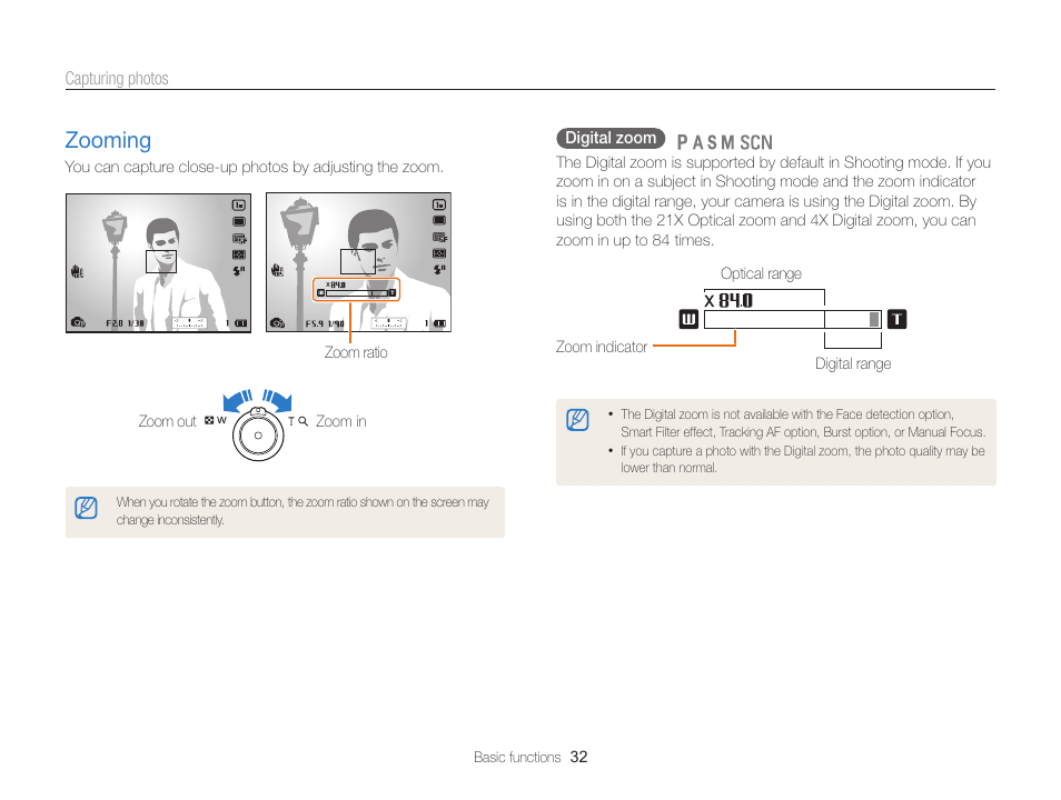 Zooming, Zooming ………………………………… 32 | Samsung EC-WB850FBPBUS User Manual | Page 33 / 188