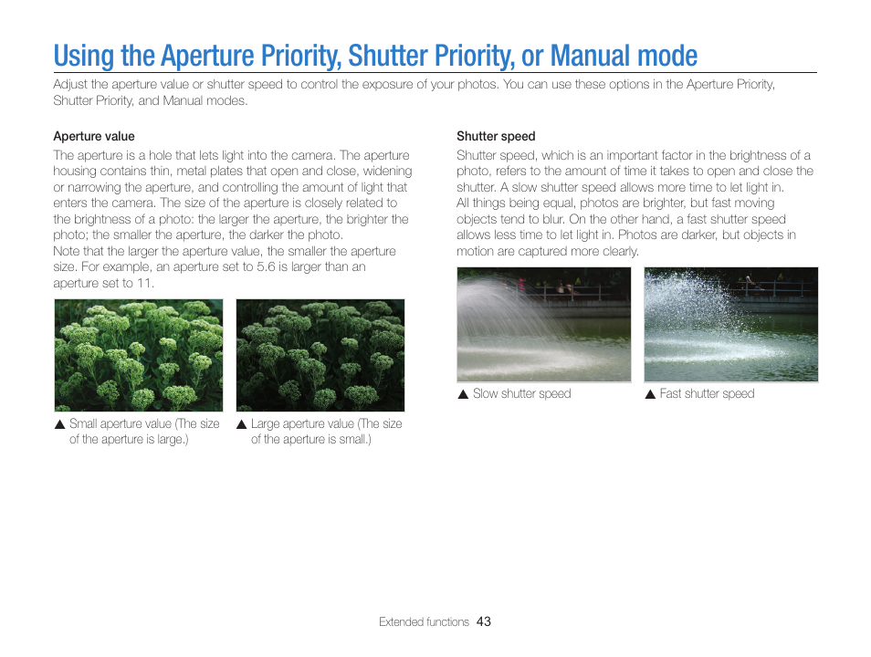 Using the aperture priority, shutter priority, or, Manual mode | Samsung EC-WB850FBPBUS User Manual | Page 44 / 188