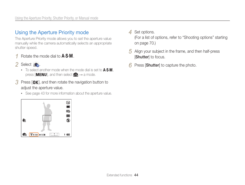 Using the aperture priority mode, Using the aperture priority mode ………… 44 | Samsung EC-WB850FBPBUS User Manual | Page 45 / 188