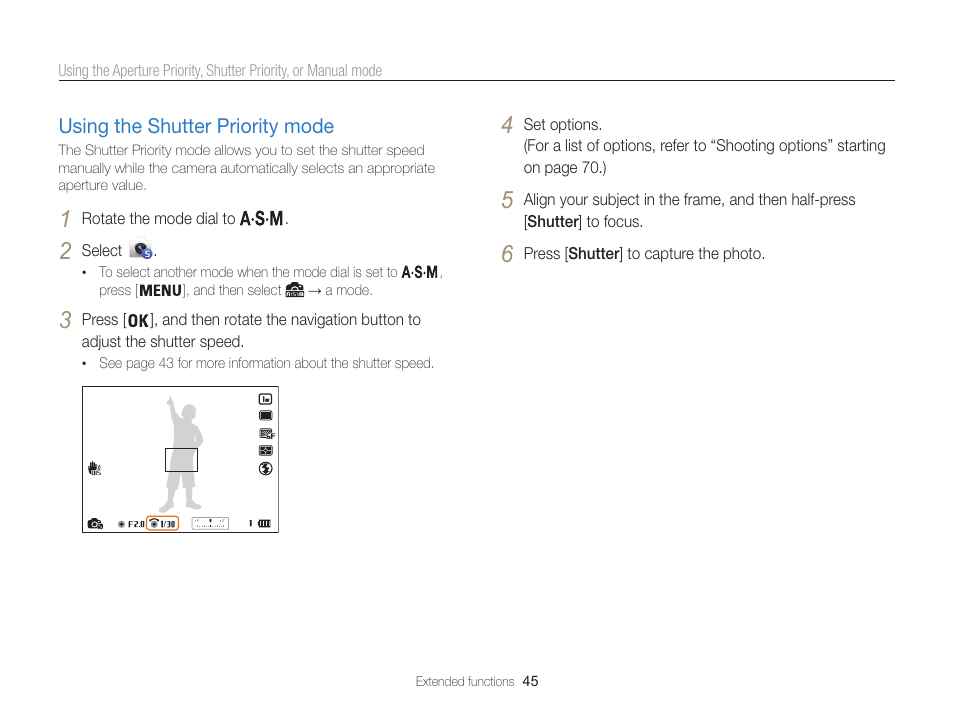 Using the shutter priority mode, Using the shutter priority mode ………… 45 | Samsung EC-WB850FBPBUS User Manual | Page 46 / 188