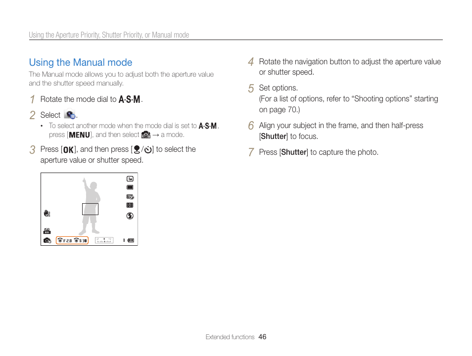 Using the manual mode, Using the manual mode ………………… 46 | Samsung EC-WB850FBPBUS User Manual | Page 47 / 188