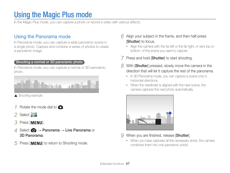 Using the magic plus mode, Using the panorama mode, Using the panorama mode ……………… 47 | Samsung EC-WB850FBPBUS User Manual | Page 48 / 188