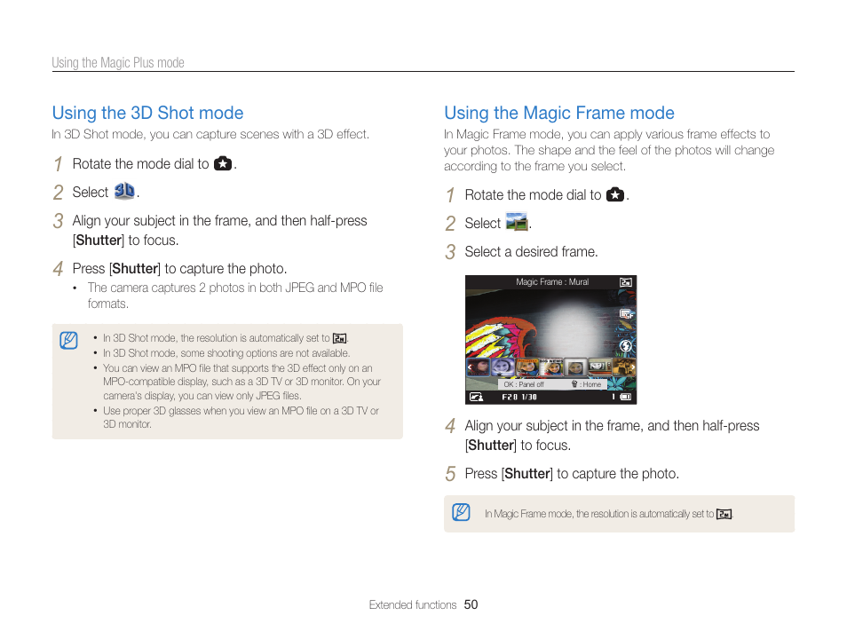 Using the 3d shot mode, Using the magic frame mode | Samsung EC-WB850FBPBUS User Manual | Page 51 / 188