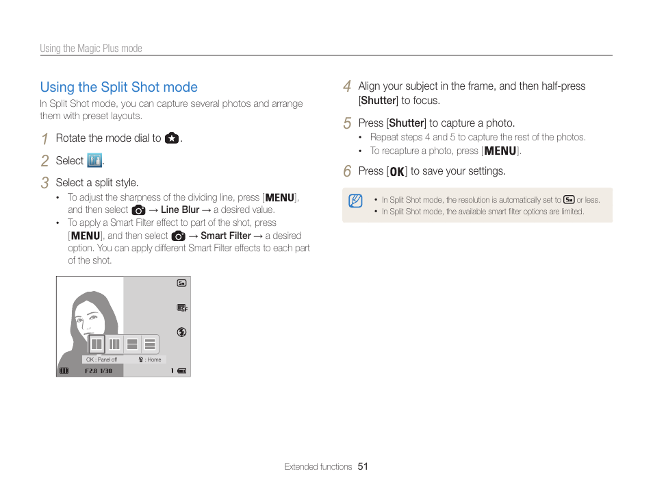 Using the split shot mode, Using the split shot mode ……………… 51 | Samsung EC-WB850FBPBUS User Manual | Page 52 / 188