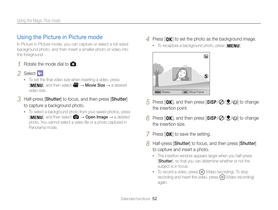 Using the picture in picture mode, Using the picture in picture mode ………… 52 | Samsung EC-WB850FBPBUS User Manual | Page 53 / 188