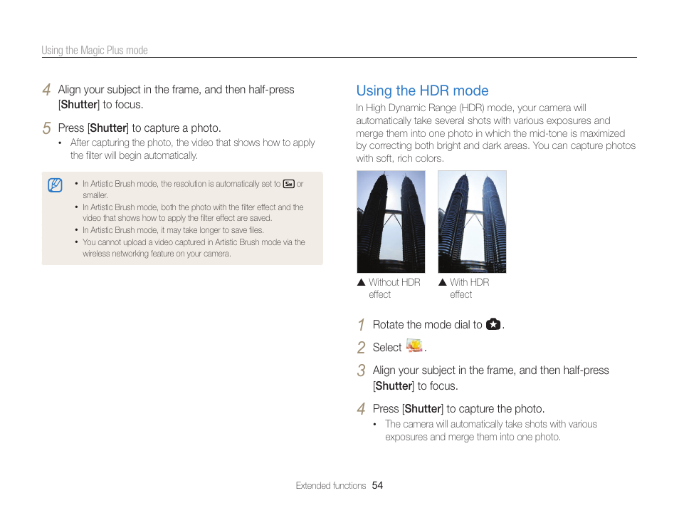 Using the hdr mode, Using the hdr mode …………………… 54 | Samsung EC-WB850FBPBUS User Manual | Page 55 / 188