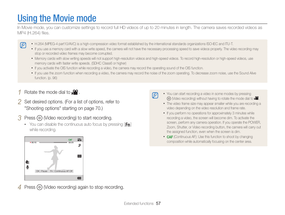 Using the movie mode | Samsung EC-WB850FBPBUS User Manual | Page 58 / 188