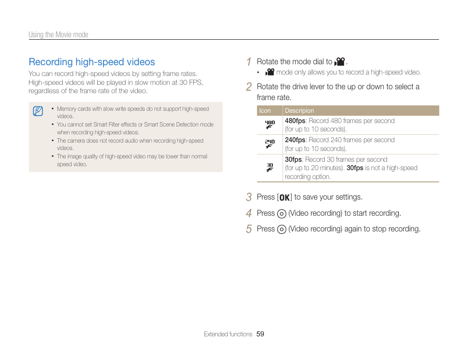 Recording high-speed videos, Recording high-speed videos …………… 59 | Samsung EC-WB850FBPBUS User Manual | Page 60 / 188