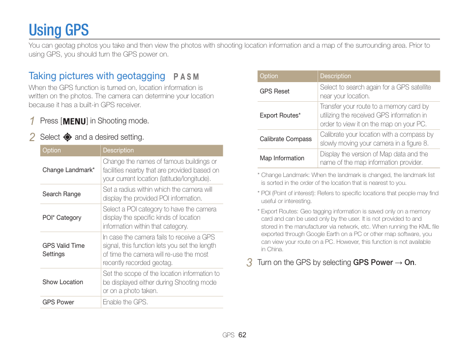 Using gps, Taking pictures with geotagging, Taking pictures with geotagging …………………… 62 | Samsung EC-WB850FBPBUS User Manual | Page 63 / 188