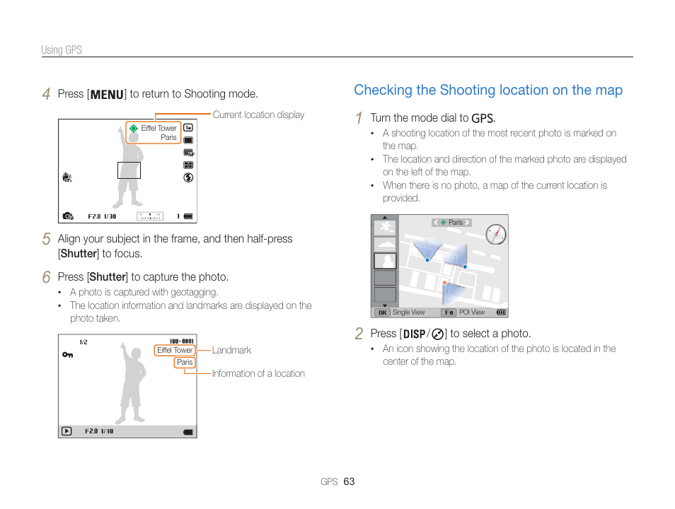 Checking the shooting location on the map, Checking the shooting location on the map ………… 63 | Samsung EC-WB850FBPBUS User Manual | Page 64 / 188